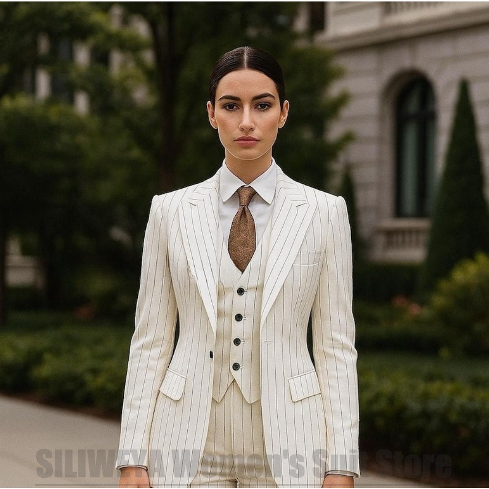 Women Formal Wear White Shirt - Белый полосатый женский костюм-тройка: шикарный пиджак