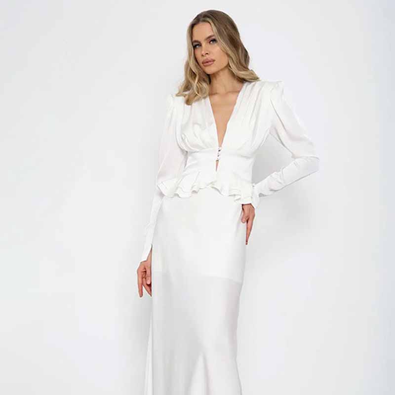 Women Formal Wear White Shirt - Женская белая рубашка с глубоким V-образным