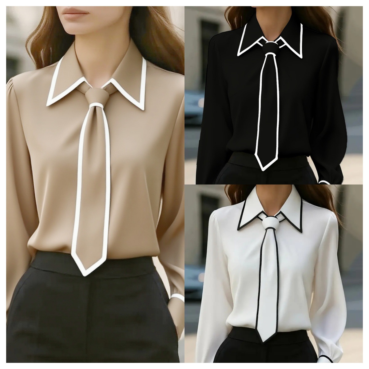 Women Formal Wear With Tie - Женская блузка с контрастной отделкой и