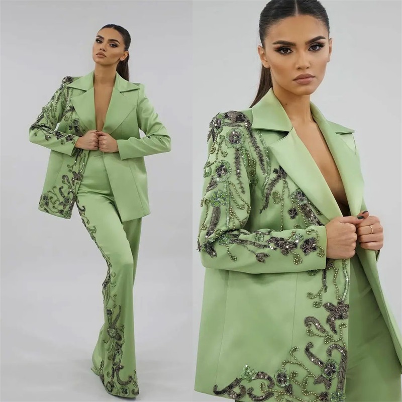 Women Formal Wear Designers - Дизайнерский зеленый атласный женский костюм, комплект,